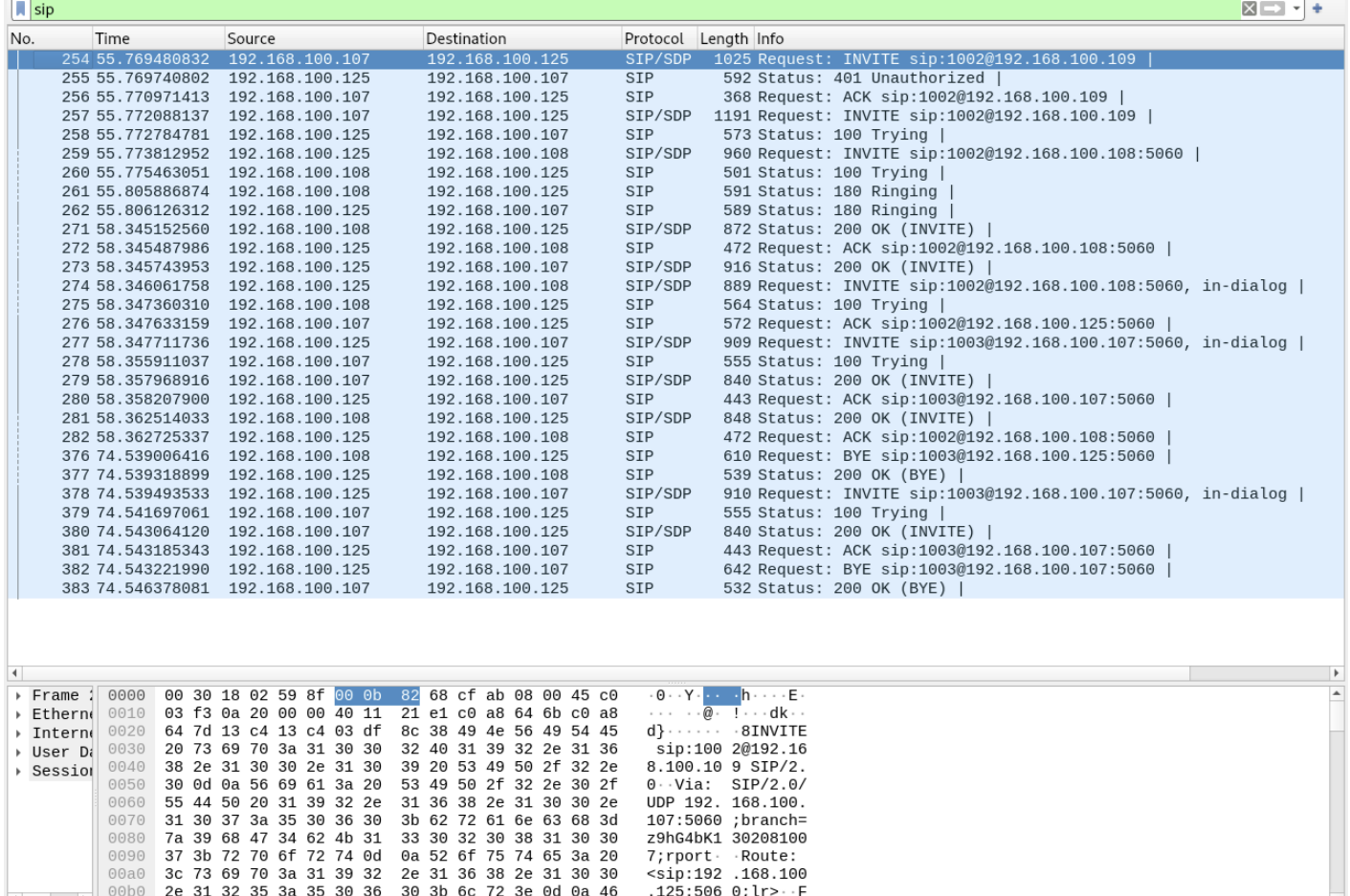 Vue Wireshark d une sequence SIP avec INVITE, 200 OK, ACK et BYE