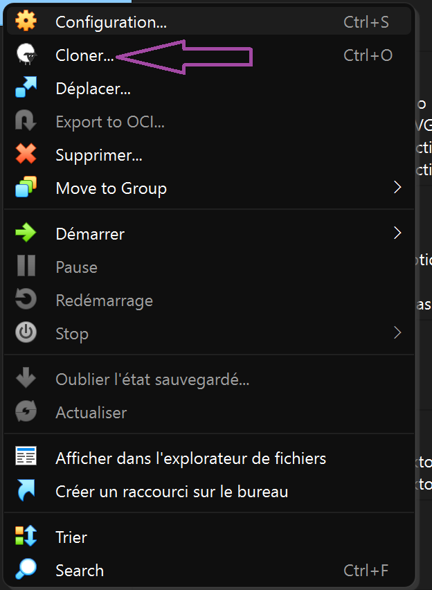 Ouvrir le menu de clonage
