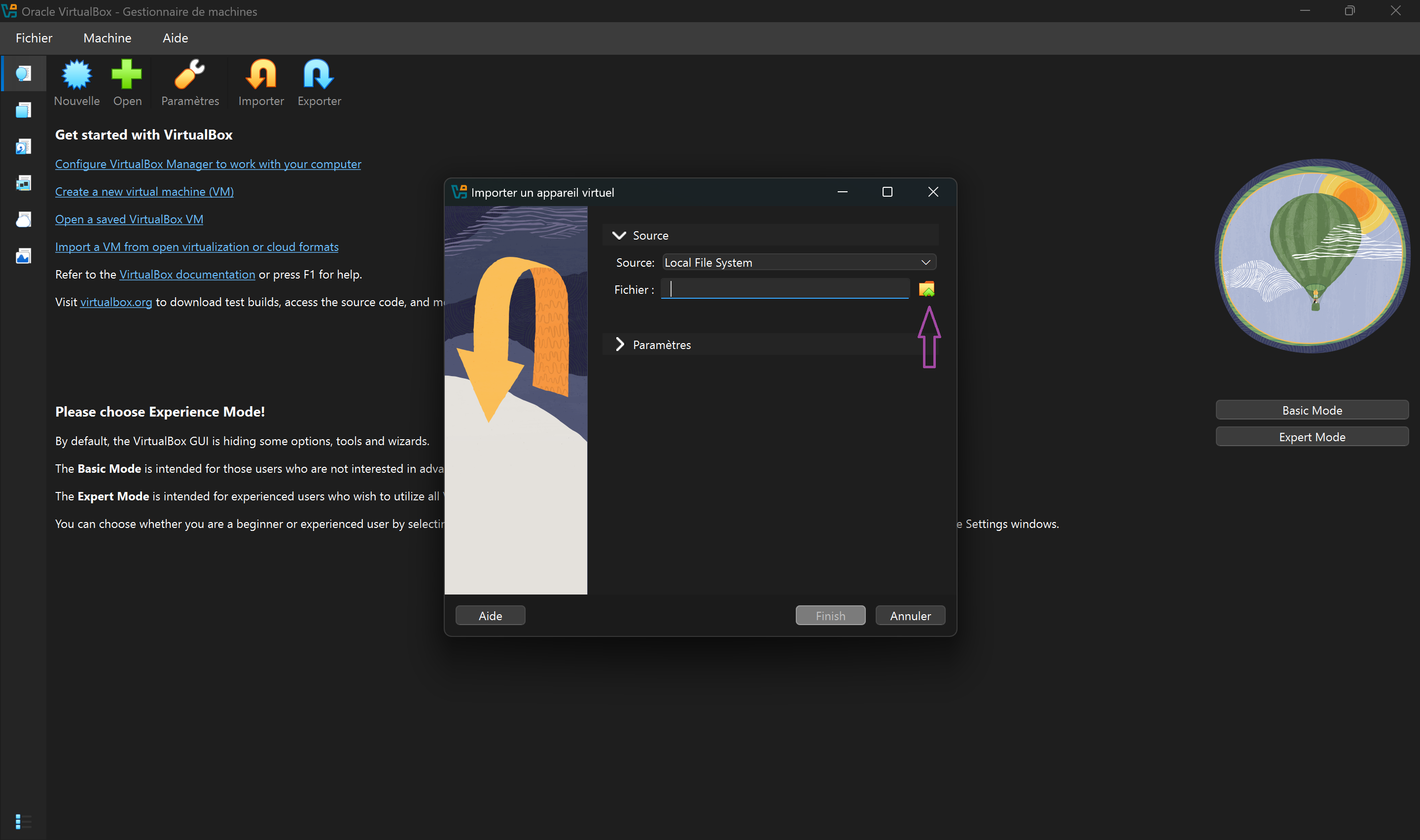 Sélectionner le fichier .ova