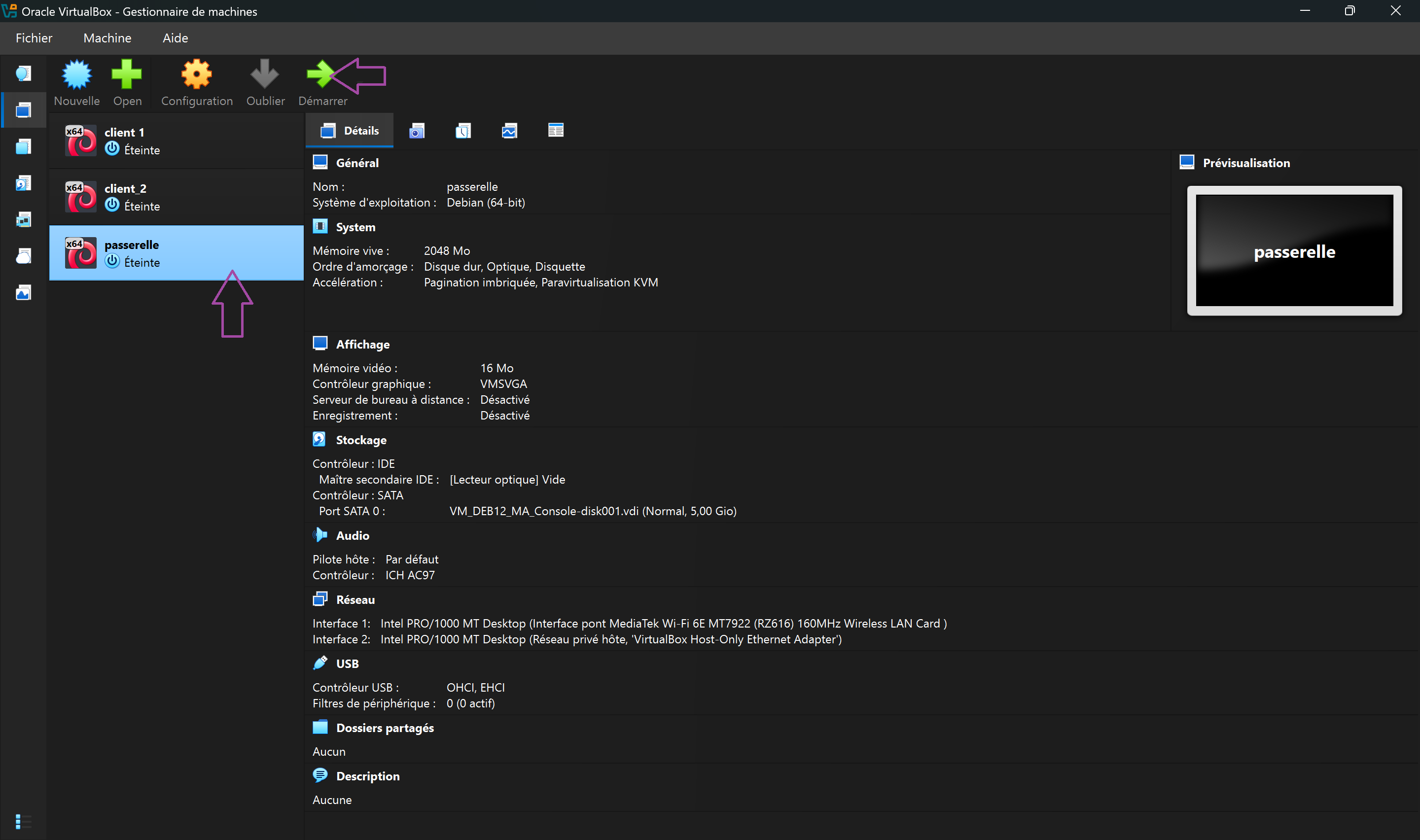 Démarrer la VM Passerelle