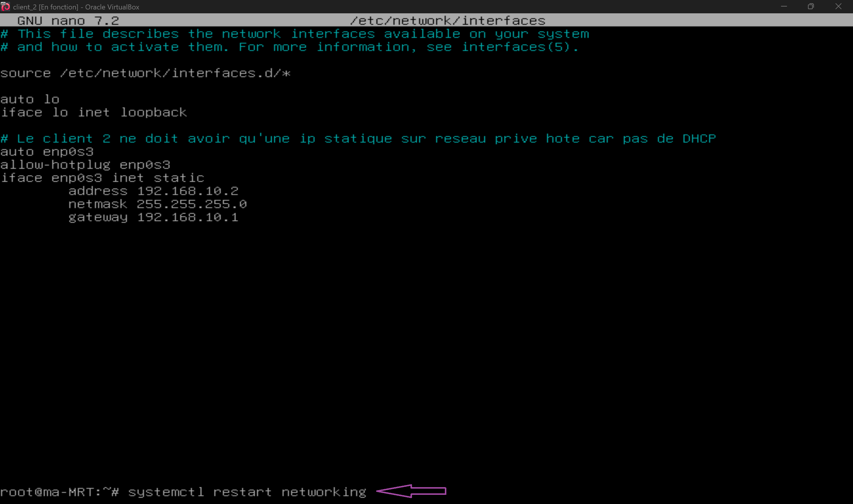 Redémarrer le réseau de Client 2