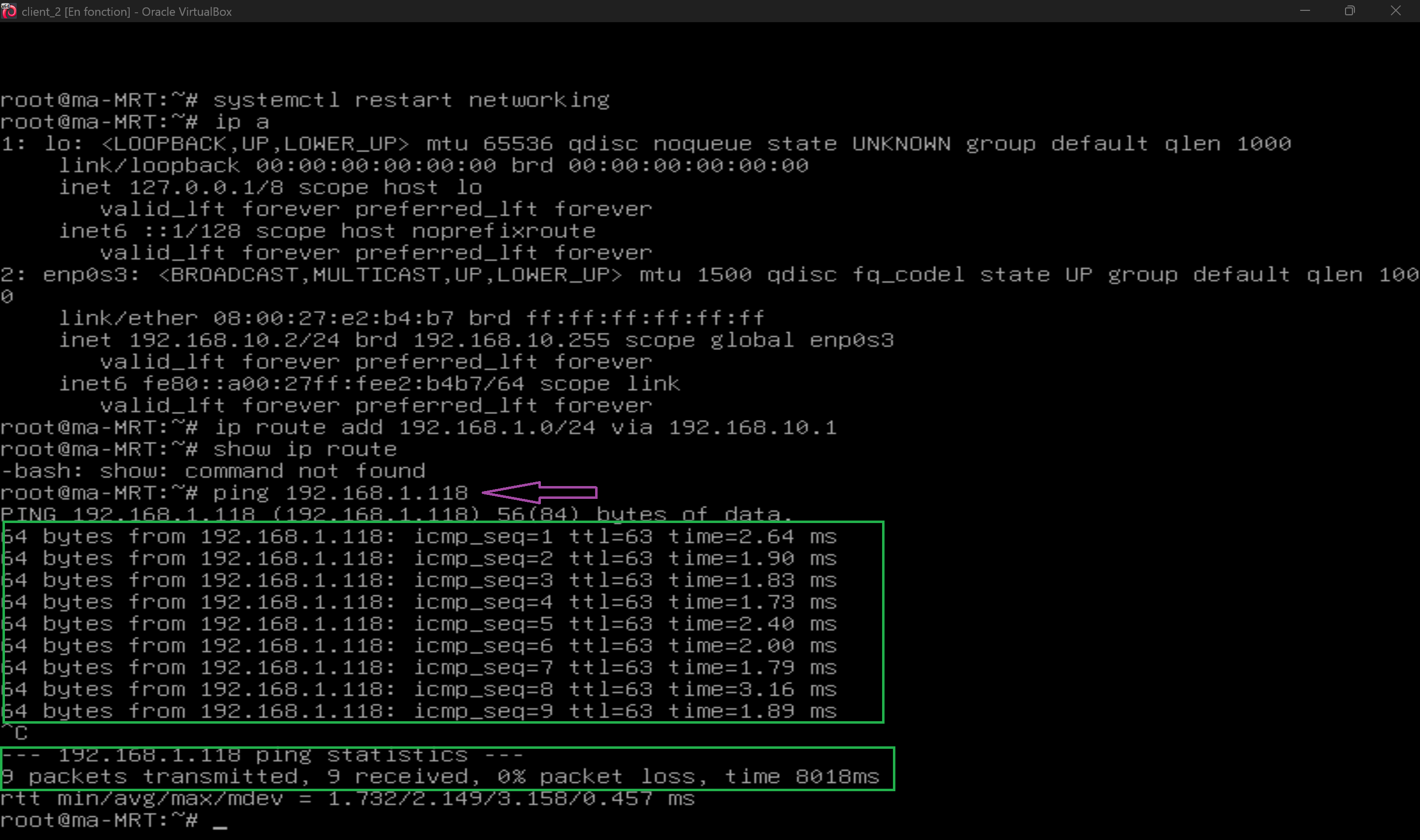 Test : Ping de Client 2 vers Client 1