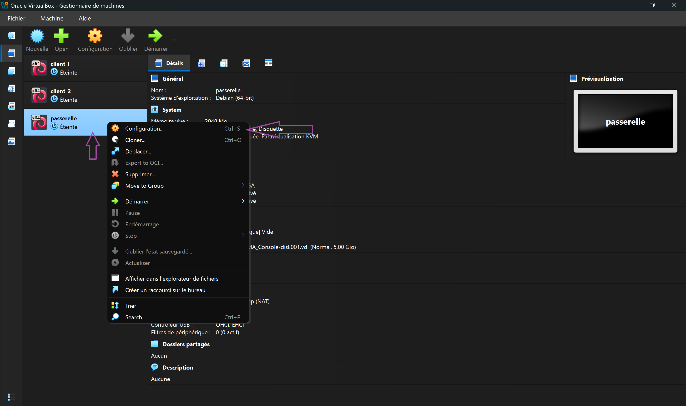 Configuration de la VM passerelle