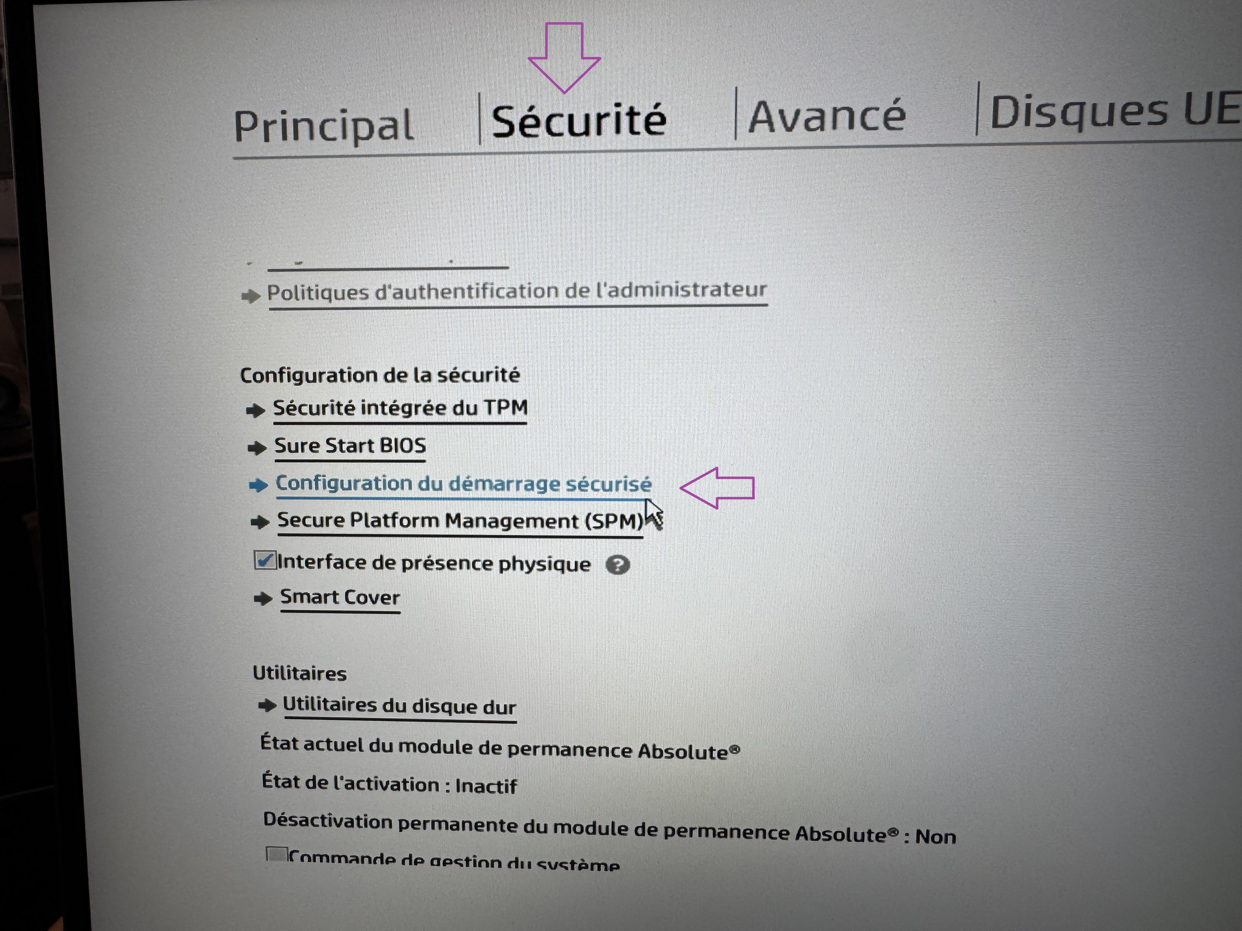 Configuration du demarrage securise dans le BIOS HP