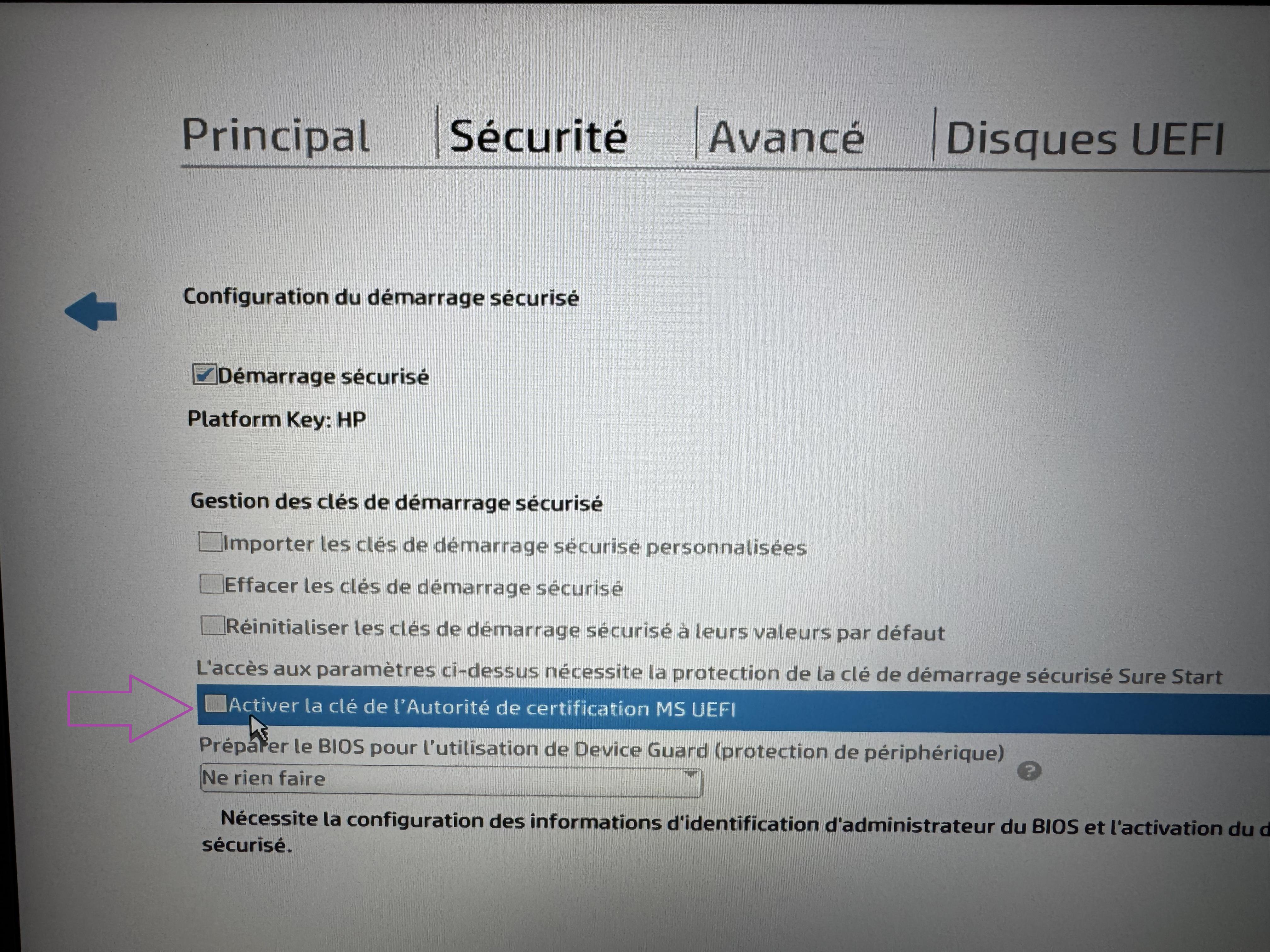 Activation de la cle MS UEFI CA dans le BIOS HP