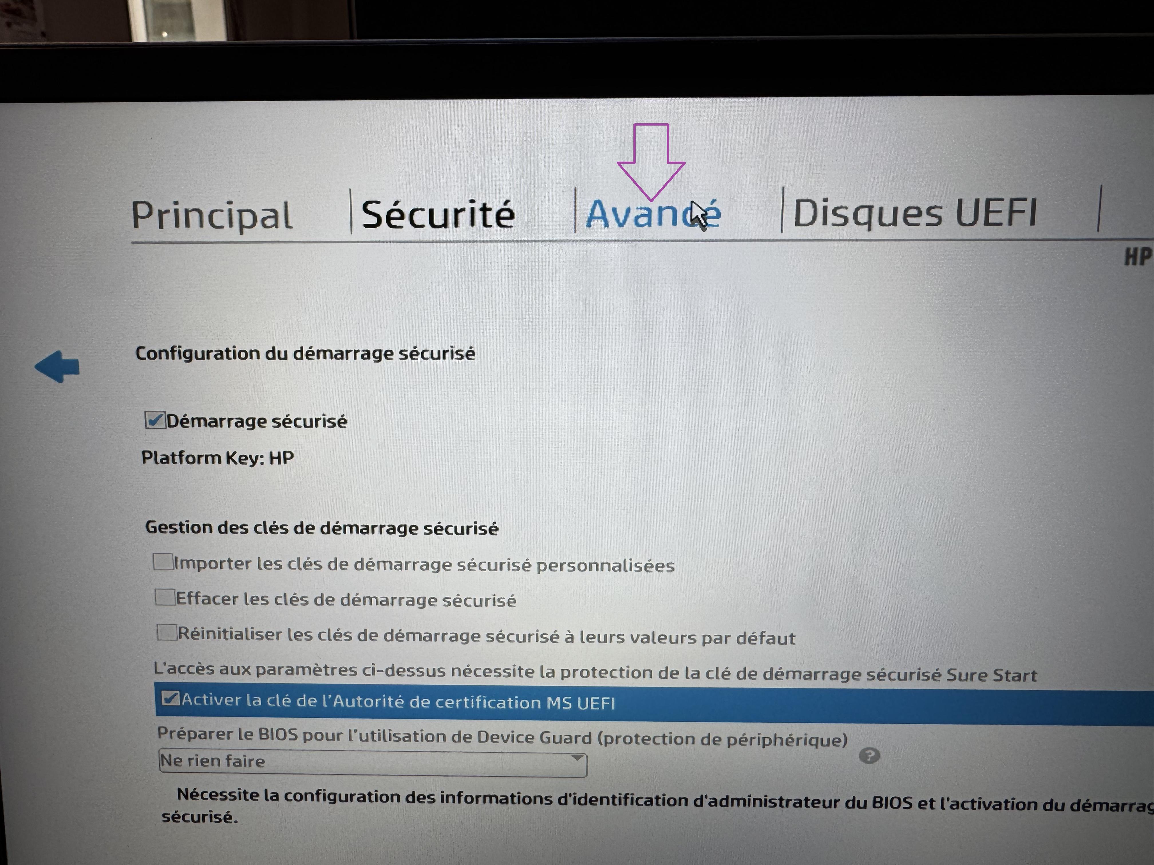 Retour a l onglet Advanced du BIOS HP