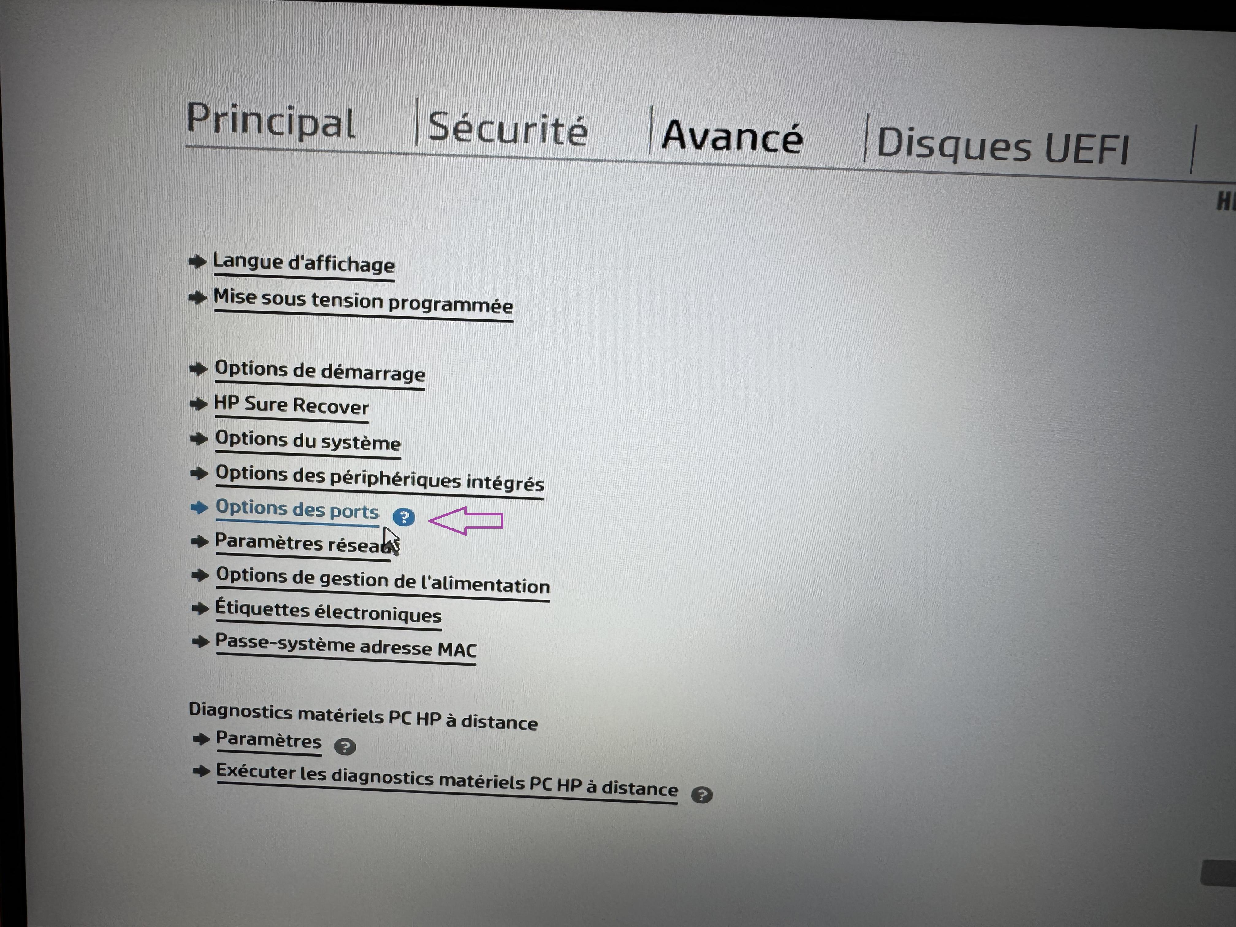 Menu des options de ports dans le BIOS HP