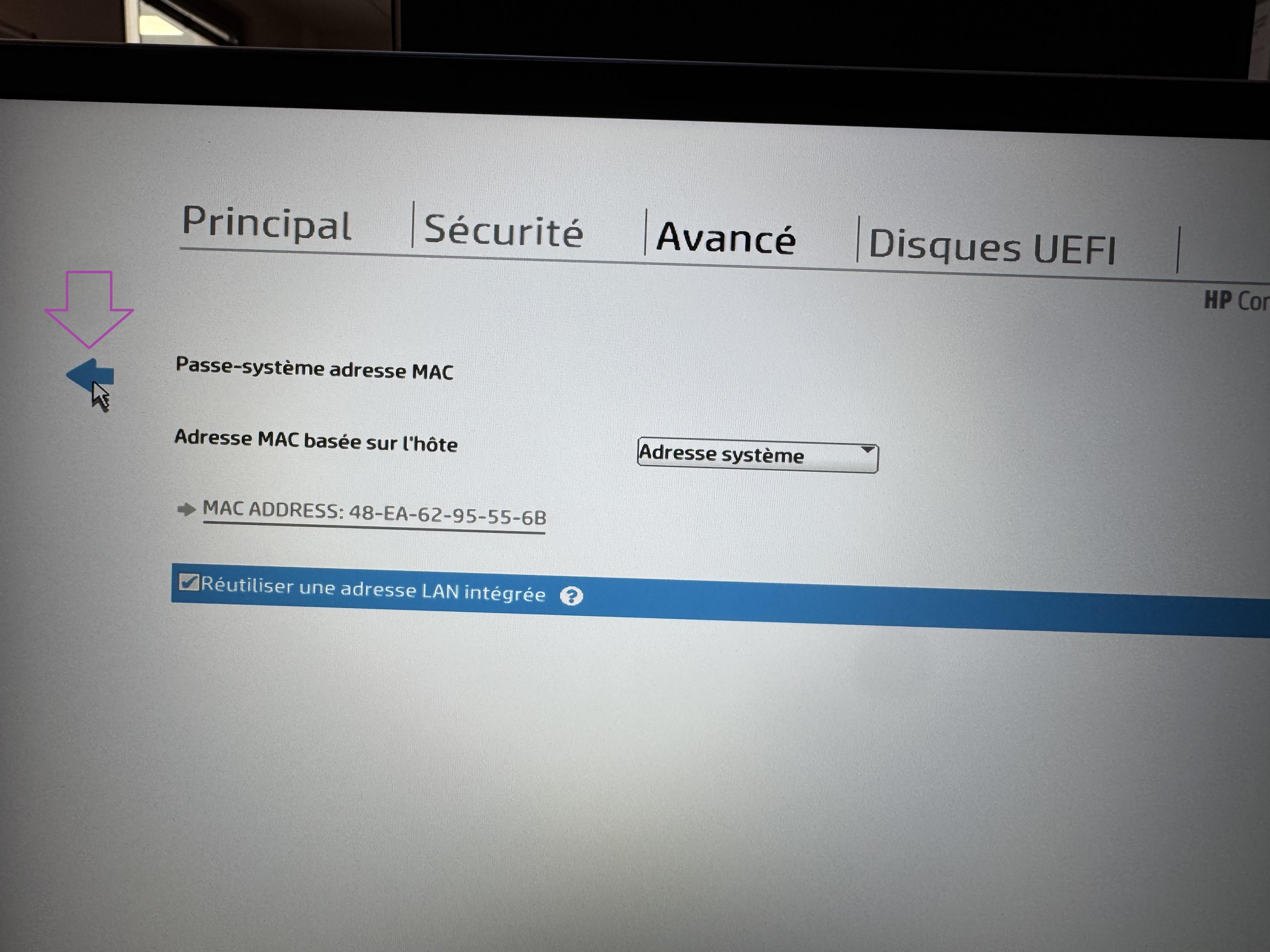 Retour vers les options de demarrage du BIOS HP