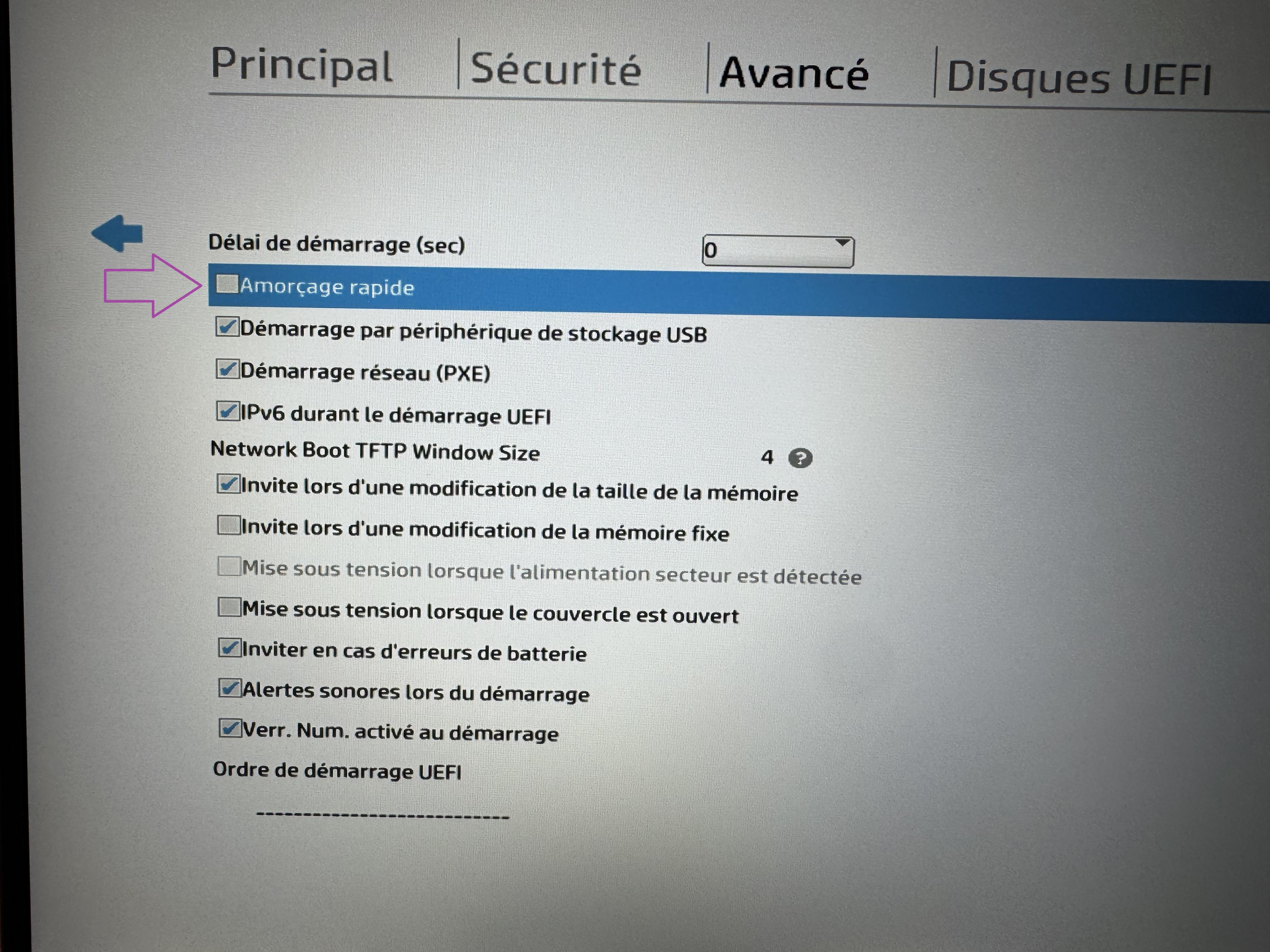 Desactivation de l amorcage rapide dans le BIOS HP