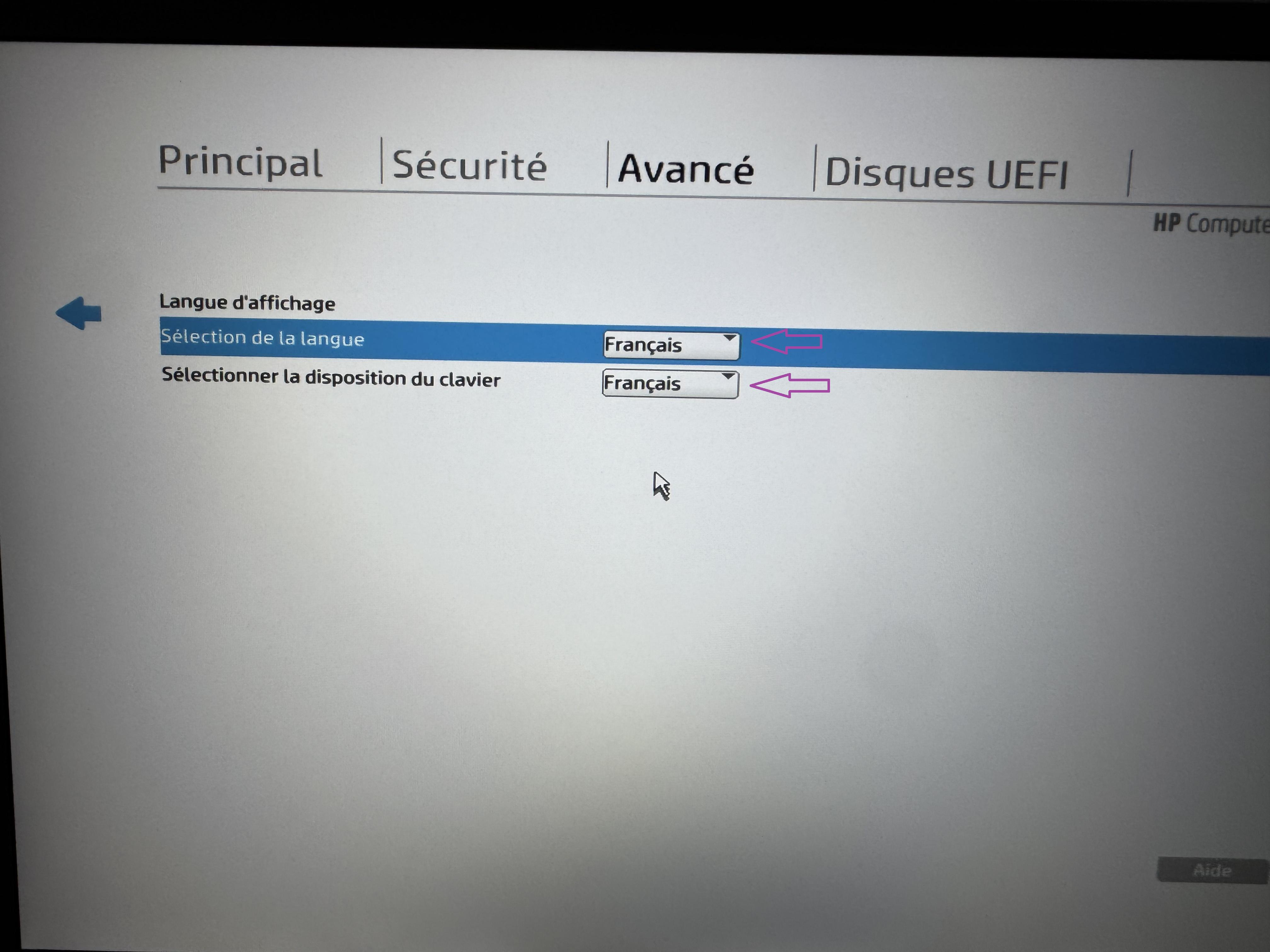 Selection du francais dans le BIOS HP