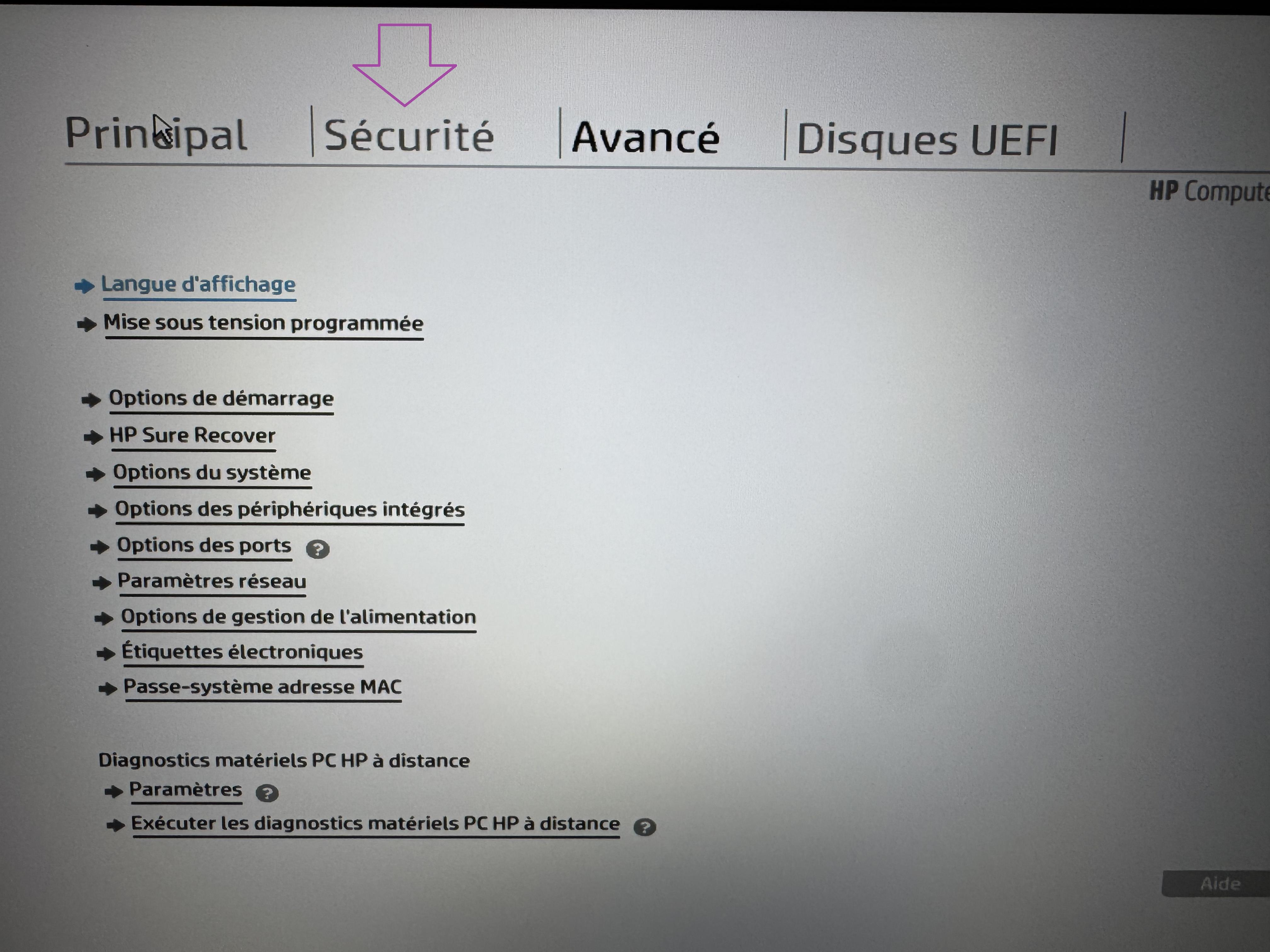 Onglet Securite du BIOS HP