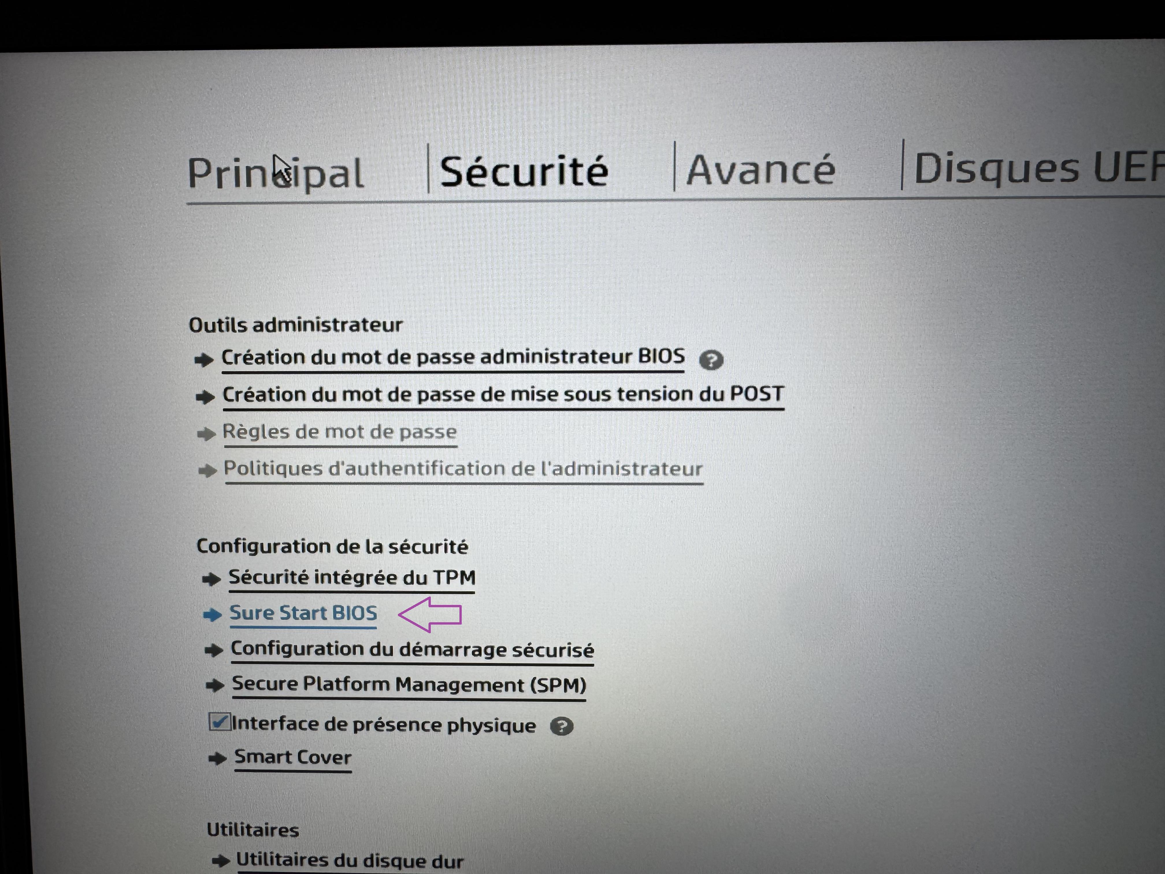 Menu Sure Start dans le BIOS HP