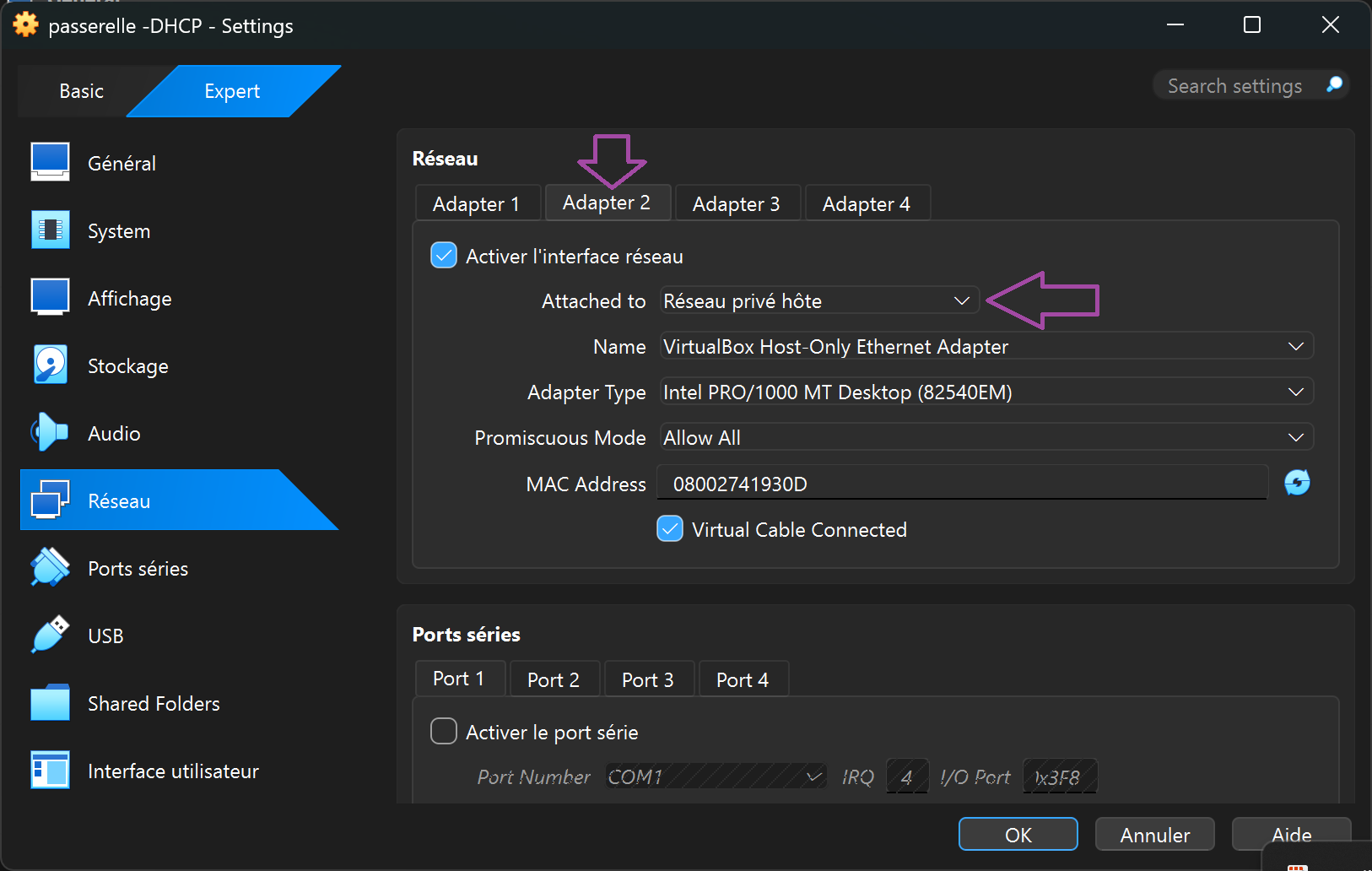 Configuration du réseau interne - Passerelle